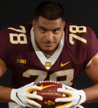 Minnesota Gophers offensive lineman Daniel Faalele poses for a photo during the football team's media day at the Bierman Field Athletic Building in Minneapolis on Tuesday, August 3, 2021. (John Autey / Pioneer Press)